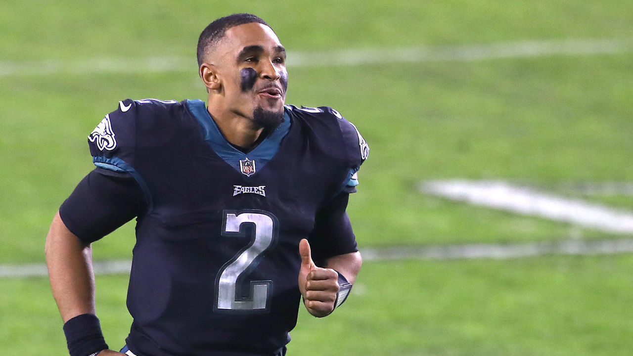 PHILADELPHIA, PENNSYLVANIA - DECEMBER 13: Quarterback Jalen Hurts #2 of the Philadelphia Eagles runs off the field following the Eagles win over the New Orleans Saints at Lincoln Financial Field on December 13, 2020 in Philadelphia, Pennsylvania.