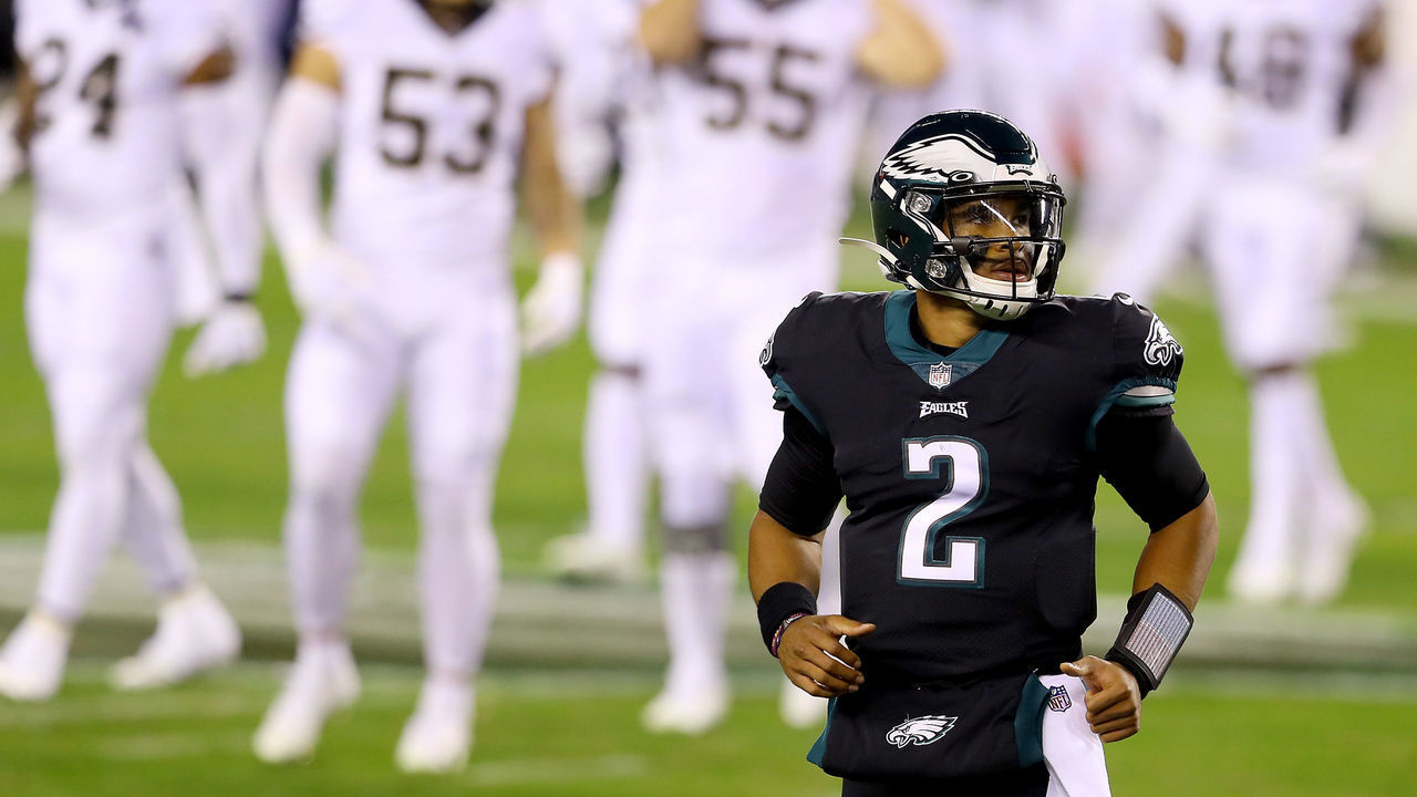 PHILADELPHIA, PENNSYLVANIA - DECEMBER 13: Quarterback Jalen Hurts #2 of the Philadelphia Eagles looks on against the New Orleans Saints at Lincoln Financial Field on December 13, 2020 in Philadelphia, Pennsylvania.
