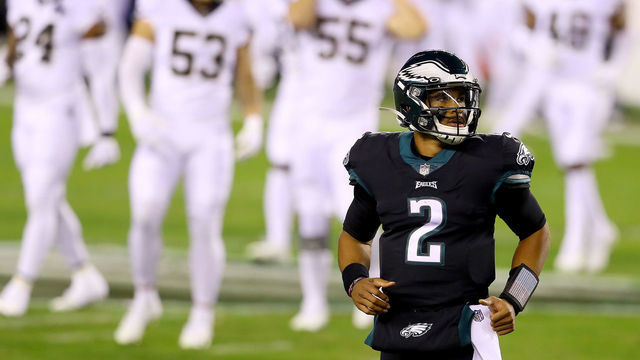 PHILADELPHIA, PENNSYLVANIA - DECEMBER 13: Quarterback Jalen Hurts #2 of the Philadelphia Eagles looks on against the New Orleans Saints at Lincoln Financial Field on December 13, 2020 in Philadelphia, Pennsylvania.