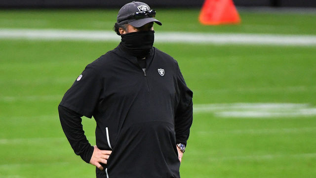 LAS VEGAS, NEVADA - NOVEMBER 15: Defensive coordinator Paul Guenther of the Las Vegas Raiders looks on during warmups before a game against the Denver Broncos at Allegiant Stadium on November 15, 2020 in Las Vegas, Nevada.