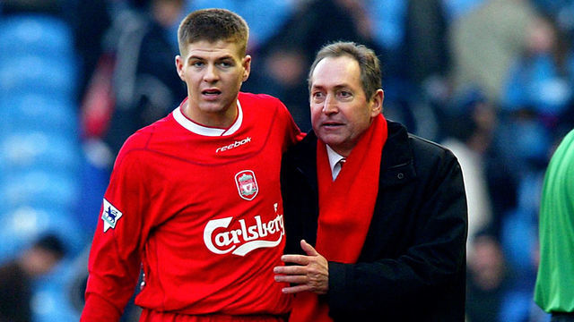 Liverpool's manager Gerrard Houllier (right) with Steven Gerrard after his teams 1-0 win over Manchester City, during the FA Cup 3rd round match at Maine Road, Manchester. THIS PICTURE CAN ONLY BE USED WITHIN THE CONTEXT OF AN EDITORIAL FEATURE. NO WEBSITE/INTERNET USE UNLESS SITE IS REGISTERED WITH FOOTBALL ASSOCIATION PREMIER LEAGUE.