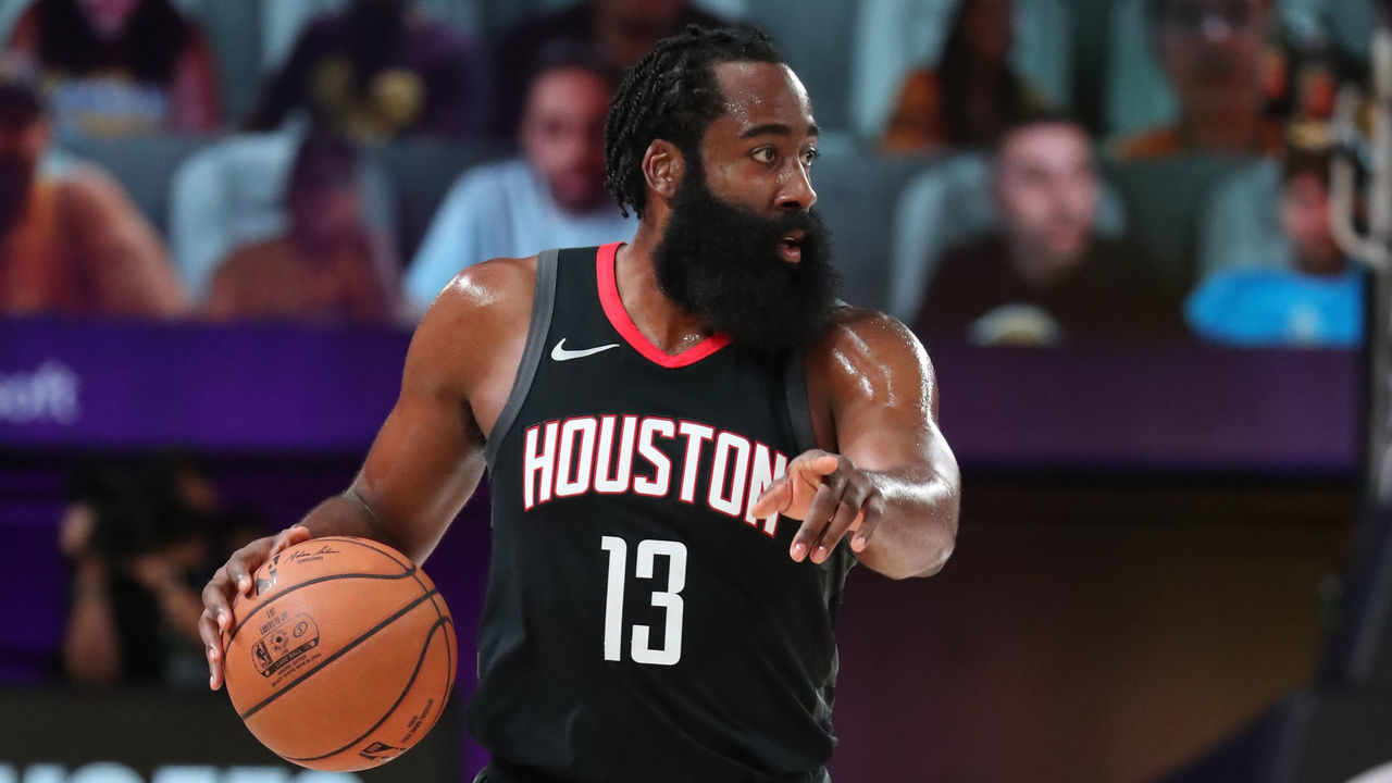 ORLANDO, FL - SEPTEMBER 12: James Harden #13 of the Houston Rockets handles the ball against the Los Angeles Lakers during Game Five of the Western Conference SemiFinals of the NBA Playoffs on September 12, 2020 at AdventHealth Arena in Orlando, Florida. NOTE TO USER: User expressly acknowledges and agrees that, by downloading and/or using this Photograph, user is consenting to the terms and conditions of the Getty Images License Agreement. Mandatory Copyright Notice: Copyright 2020 NBAE