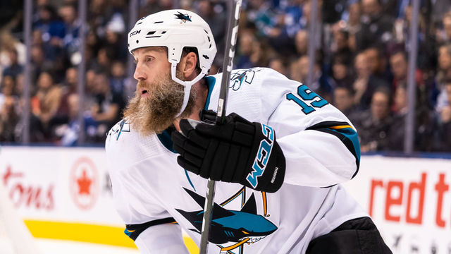 TORONTO, ON - OCTOBER 25: San Jose Sharks center Joe Thornton #19 skates with the puck against the Toronto Maple Leafs during the first period at the Scotiabank Arena on October 25, 2019 in Toronto, Ontario, Canada.