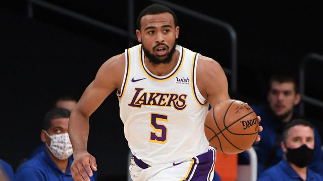 LOS ANGELES, CA - DECEMBER 13: Talen Horton-Tucker #5 of the Los Angeles Lakers handles the ball during a preseason game against the LA Clippers on December 13, 2020 at STAPLES Center in Los Angeles, California. NOTE TO USER: User expressly acknowledges and agrees that, by downloading and/or using this Photograph, user is consenting to the terms and conditions of the Getty Images License Agreement. Mandatory Copyright Notice: Copyright 2020 NBAE