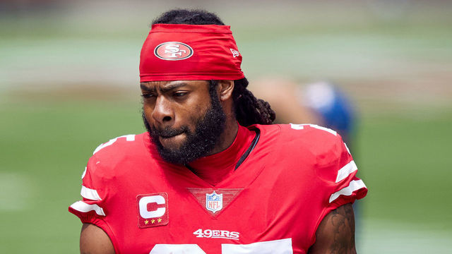 SAN FRANCISCO, CA - SEPTEMBER 13: San Francisco 49ers cornerback Richard Sherman (25) looks on during the NFL game between the San Francisco 49ers and the Arizona Cardinals on September 13, 2020, at Levi's Stadium in Santa Clara, California.