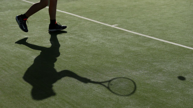 ALTRINCHAM, ENGLAND - SEPTEMBER 06: General View of the shadow of a competitor during the Fred Perry Championship regionals at Heyes Grove Tennis Club on September 06, 2020 in Altrincham, England.