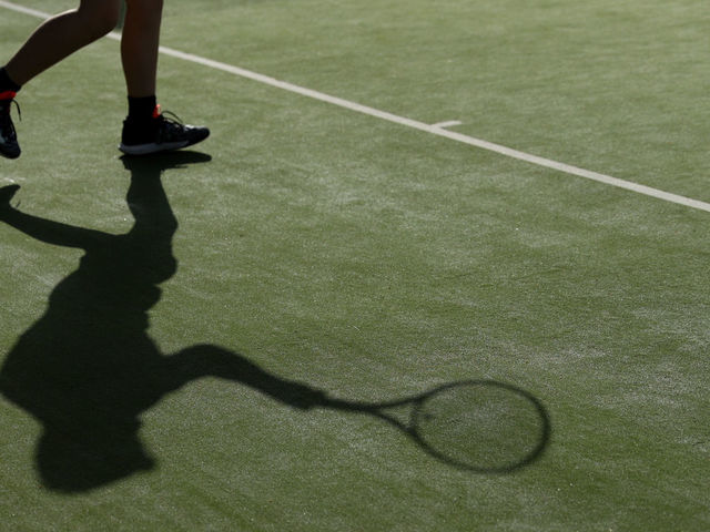 ALTRINCHAM, ENGLAND - SEPTEMBER 06: General View of the shadow of a competitor during the Fred Perry Championship regionals at Heyes Grove Tennis Club on September 06, 2020 in Altrincham, England.