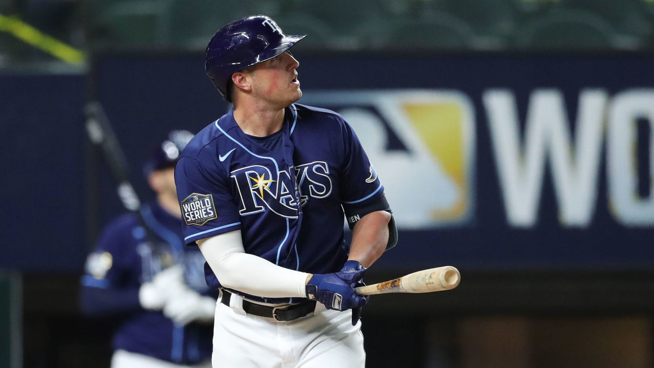 ARLINGTON, TX - OCTOBER 24: Hunter Renfroe #11 of the Tampa Bay Rays hits a solo home run in the fifth inning during Game 4 of the 2020 World Series between the Los Angeles Dodgers and the Tampa Bay Rays at Globe Life Field on Saturday, October 24, 2020 in Arlington, Texas.