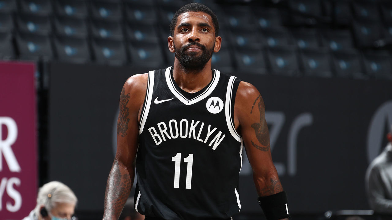 BROOKLYN, NY - December 13: Kyrie Irving #11 of the Brooklyn Nets looks on during a preseason game against the Washington Wizards on December 13, 2020 at Barclays Center in Brooklyn, New York. Mandatory Copyright Notice: Copyright 2020 NBAE