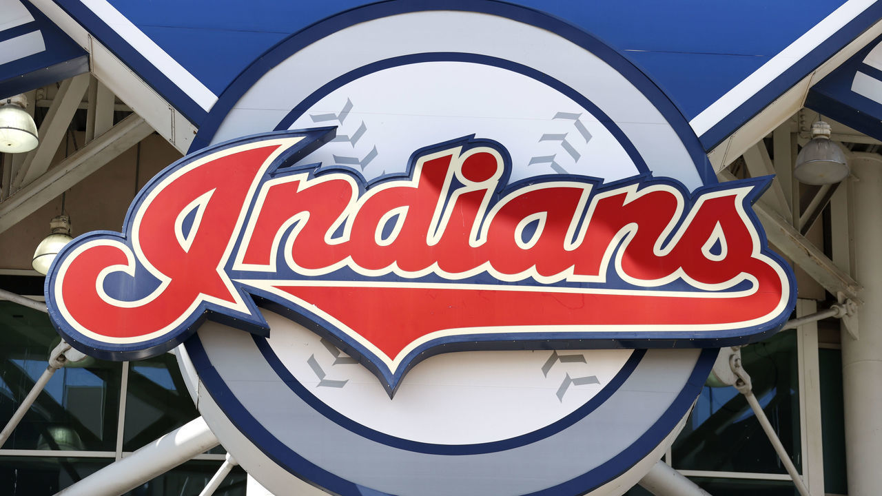 CLEVELAND, OH - JULY 12: The Cleveland Indians team logo on the main sign outside Progressive Field before they play an intrasquad game during summer workouts on July 12, 2020 in Cleveland, Ohio.