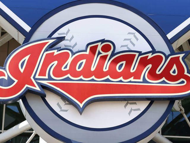 CLEVELAND, OH - JULY 12: The Cleveland Indians team logo on the main sign outside Progressive Field before they play an intrasquad game during summer workouts on July 12, 2020 in Cleveland, Ohio.