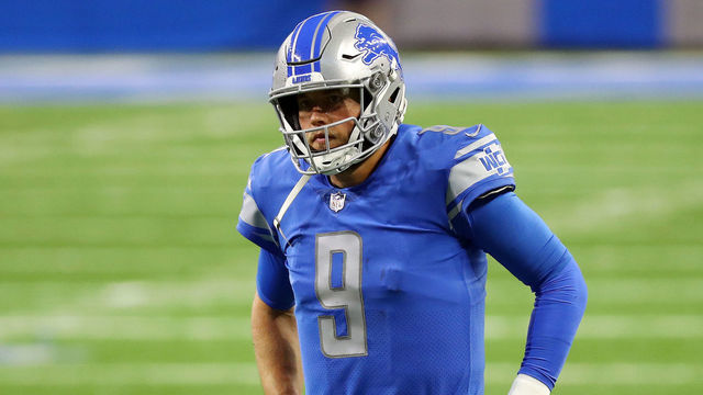 DETROIT, MICHIGAN - DECEMBER 13: Matthew Stafford #9 of the Detroit Lions reacts during the second half against the Green Bay Packers at Ford Field on December 13, 2020 in Detroit, Michigan.