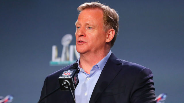 MIAMI, FL - JANUARY 29: NFL Commissioner Roger Goodell speaks during the Commissioners press conference on January 29, 2020 at the Hilton Downtown in Miami, FL.
