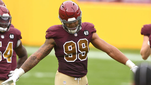 LANDOVER, MD - NOVEMBER 22: Chase Young #99 of the Washington Football Team reacts to a play during a NFL football game against the Cincinnati Bengals on November 22, 2020 at FedExField in Landover, Maryland.