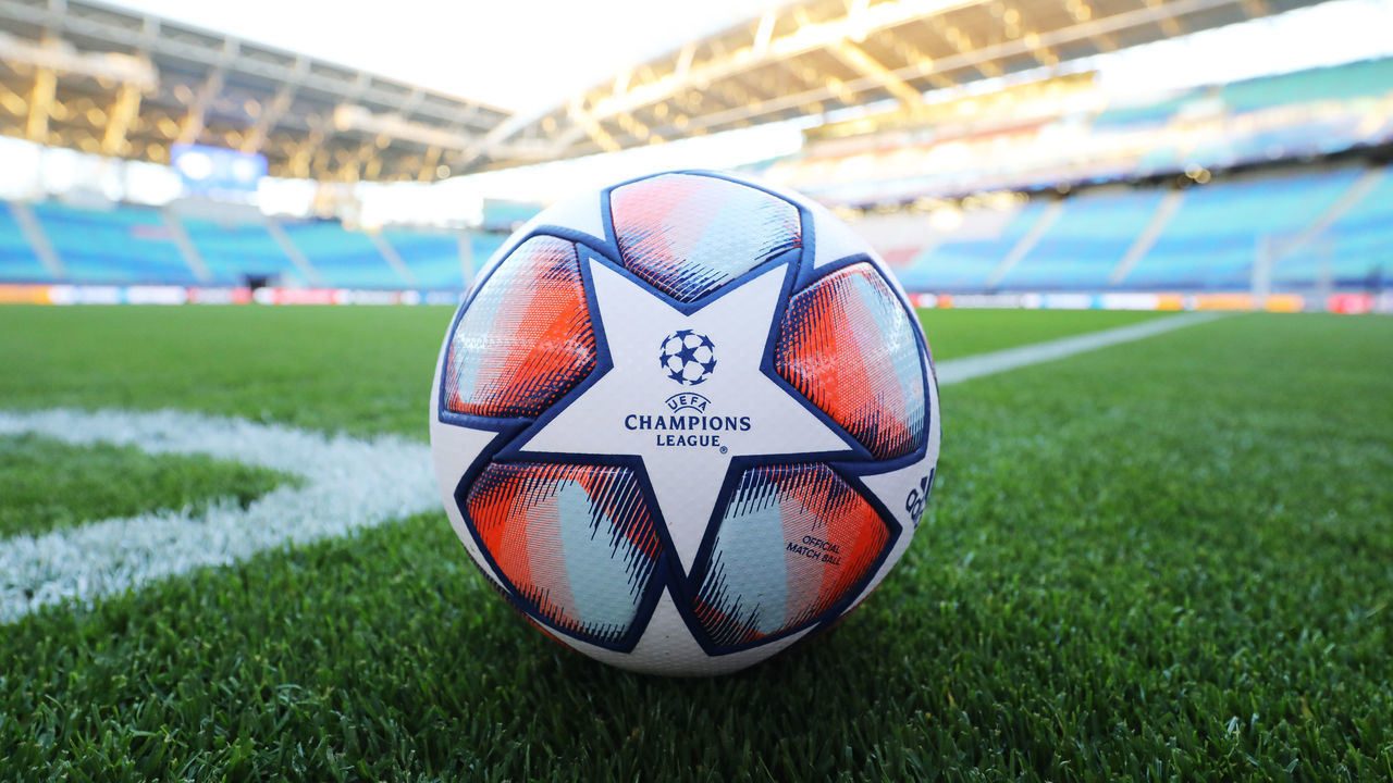LEIPZIG, GERMANY - NOVEMBER 04: General view inside the stadium as the match ball is seen ahead of the UEFA Champions League Group H stage match between RB Leipzig and Paris Saint-Germain at Red Bull Arena on November 04, 2020 in Leipzig, Germany. Sporting stadiums around Germany remain under strict restrictions due to the Coronavirus Pandemic as Government social distancing laws prohibit fans inside venues resulting in games being played behind closed doors.
