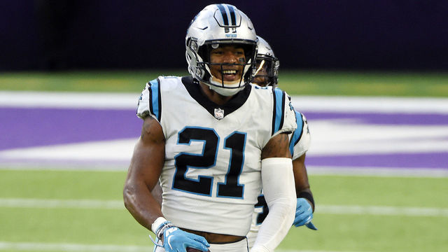 MINNEAPOLIS, MINNESOTA - NOVEMBER 29: Jeremy Chinn #21 of the Carolina Panthers celebrates after recovering a fumble by Dalvin Cook #33 of the Minnesota Vikings (not pictured) and returning it for a touchdown during the third quarter at U.S. Bank Stadium on November 29, 2020 in Minneapolis, Minnesota.