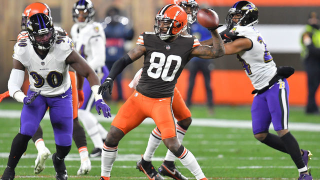 CLEVELAND, OHIO - DECEMBER 14: Jarvis Landry #80 of the Cleveland Browns attempts a pass during the first quarter against the Baltimore Ravens in the game at FirstEnergy Stadium on December 14, 2020 in Cleveland, Ohio.