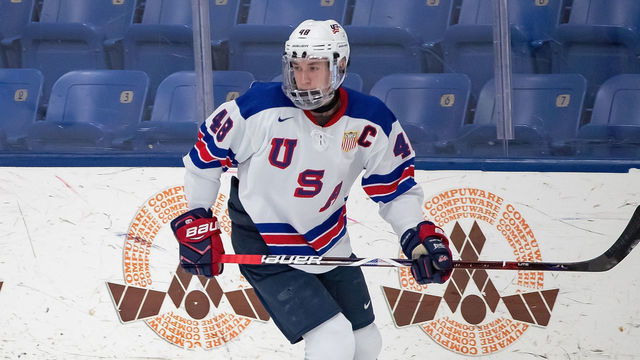 PLYMOUTH, MI - DECEMBER 11: Jake Sanderson #48 of the U.S. Nationals follows the play against the Slovakia Nationals during game two of day one of the 2018 Under-17 Four Nations Tournament game at USA Hockey Arena on December 11, 2018 in Plymouth, Michigan. USA defeated Slovakia 7-2.