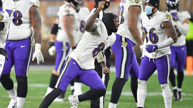 CLEVELAND, OHIO - DECEMBER 14: Lamar Jackson #8 of the Baltimore Ravens celebrates after a go-ahead field goal by Justin Tucker #9 during the fourth quarter in the game against the Cleveland Browns at FirstEnergy Stadium on December 14, 2020 in Cleveland, Ohio.