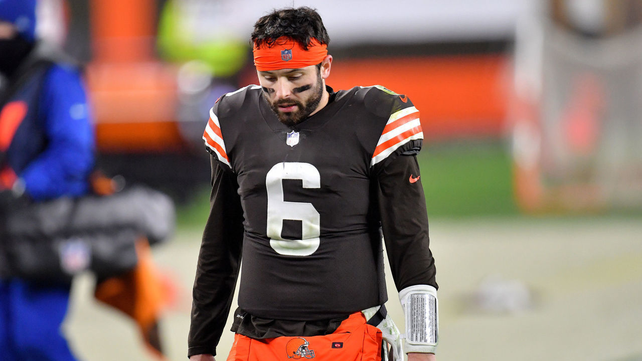 CLEVELAND, OHIO - DECEMBER 14: Baker Mayfield #6 of the Cleveland Browns walks off the field after losing to the Baltimore Ravens in the game at FirstEnergy Stadium on December 14, 2020 in Cleveland, Ohio.