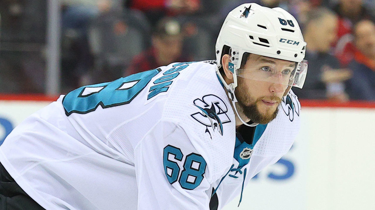 NEWARK, NJ - FEBRUARY 20: San Jose Sharks center Melker Karlsson (68) skates during the National Hockey League game between the New Jersey Devils and the San Jose Sharks on February 20, 2020 at the Prudential Center in Newark, NJ.