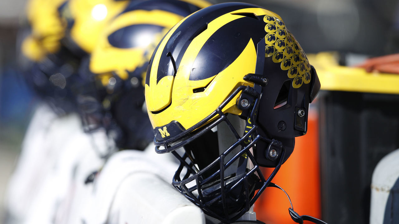 COLLEGE PARK, MD - NOVEMBER 02: Michigan Wolverines helmets are seen on the sideline during a game against the Maryland Terrapins at Capital One Field at Maryland Stadium on November 2, 2019 in College Park, Maryland. Michigan defeated Maryland 38-7.