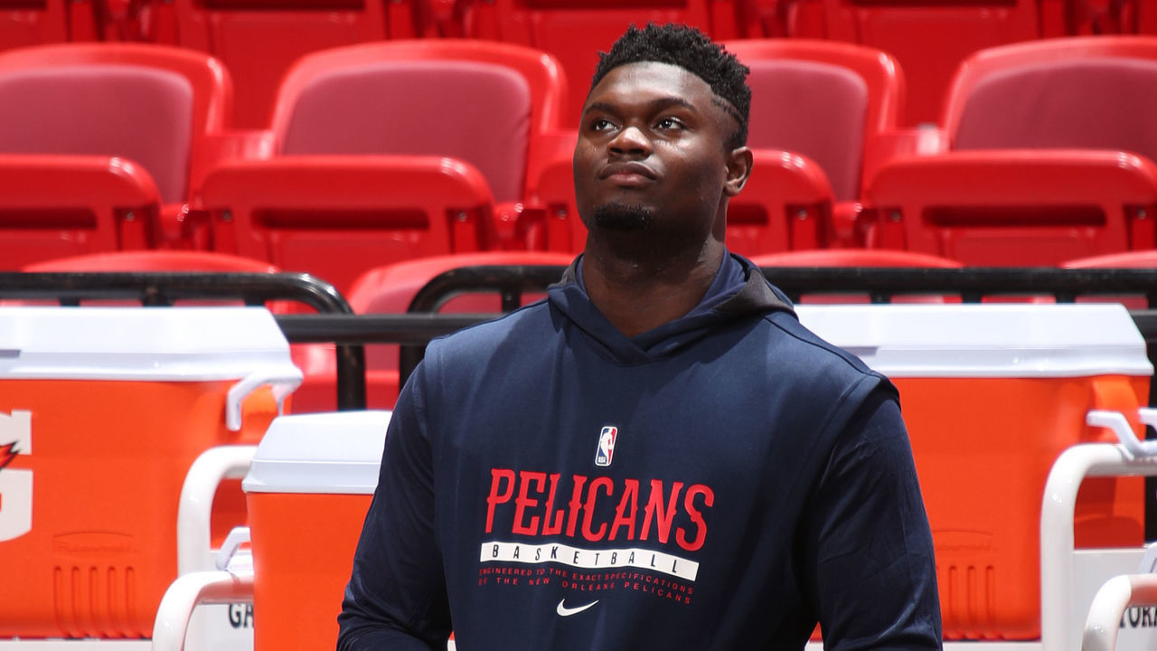 MIAMI, FL - December 14: Zion Williamson #1 of the New Orleans Pelicans warms up prior to a preseason game against the Miami Heat on December 14, 2020 at American Airlines Arena in Miami, Florida. Mandatory Copyright Notice: Copyright 2020 NBAE