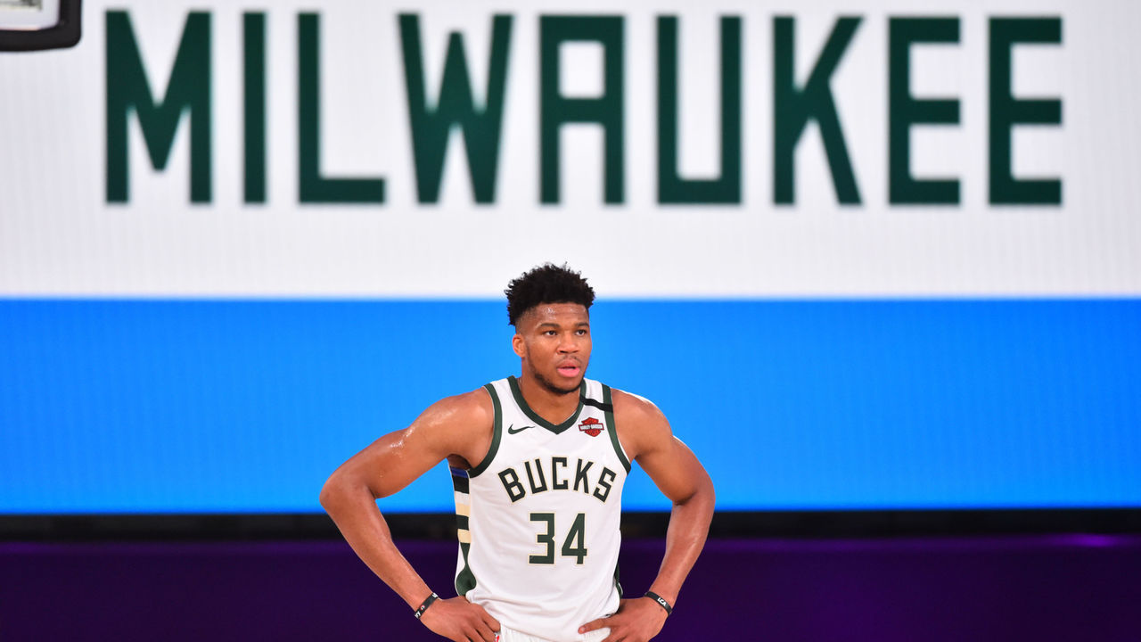 Orlando, FL - JULY 23: Giannis Antetokounmpo #34 of the Milwaukee Bucks looks on during a scrimmage against the San Antonio Spurs on July 23, 2020 at Visa Athletic Center at ESPN Wide World of Sports in Orlando, Florida. NOTE TO USER: User expressly acknowledges and agrees that, by downloading and/or using this Photograph, user is consenting to the terms and conditions of the Getty Images License Agreement. Mandatory Copyright Notice: Copyright 2020 NBAE