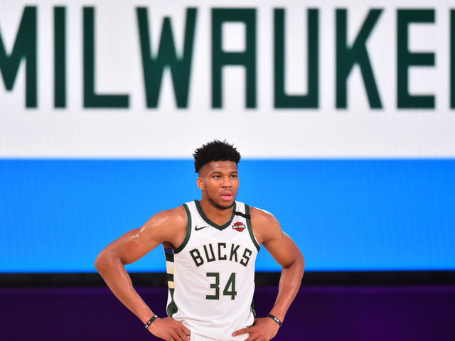 Orlando, FL - JULY 23: Giannis Antetokounmpo #34 of the Milwaukee Bucks looks on during a scrimmage against the San Antonio Spurs on July 23, 2020 at Visa Athletic Center at ESPN Wide World of Sports in Orlando, Florida. NOTE TO USER: User expressly acknowledges and agrees that, by downloading and/or using this Photograph, user is consenting to the terms and conditions of the Getty Images License Agreement. Mandatory Copyright Notice: Copyright 2020 NBAE