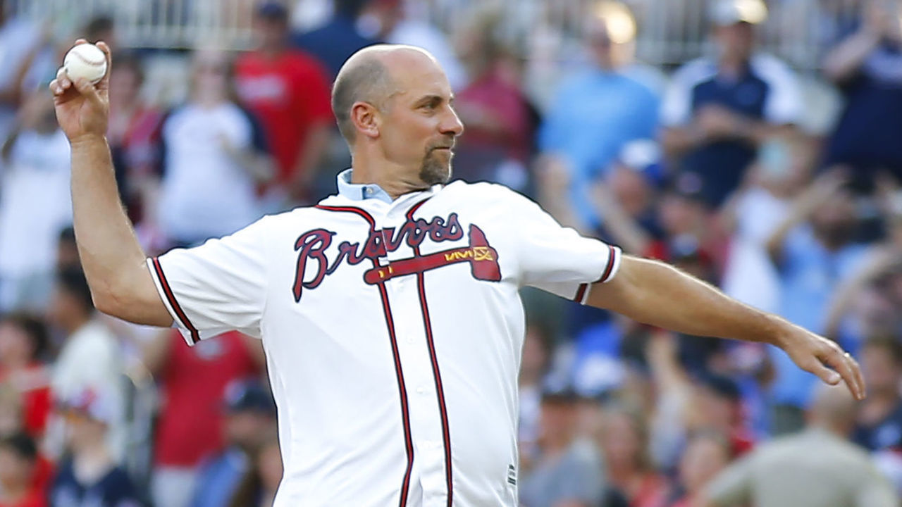 ATLANTA, GA - MAY 29: Former Atlanta Braves player John Smoltz throws out the first pitch prior to an MLB game against the Washington Nationals at SunTrust Park on May 29, 2019 in Atlanta, Georgia.