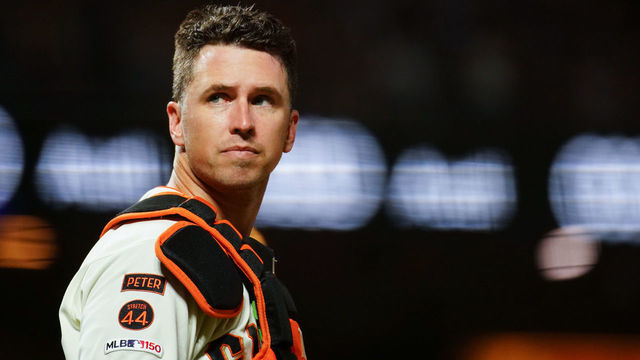SAN FRANCISCO, CALIFORNIA - SEPTEMBER 24: Buster Posey #28 of the San Francisco Giants looks on during the game against the Colorado Rockies at Oracle Park on September 24, 2019 in San Francisco, California.