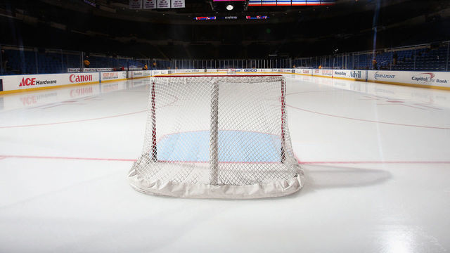 UNIONDALE, NY - FEBRUARY 28: A hockey net sits on the ice prior to the gane between the New York Islanders and the Carolina Hurricanes at the Nassau Veterans Memorial Coliseum on February 28, 2015 in Uniondale, New York.