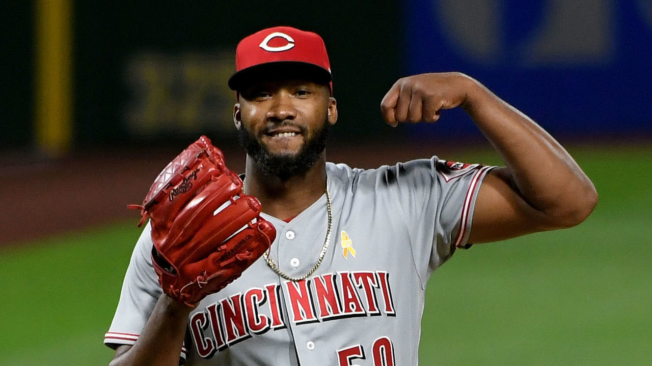 PITTSBURGH, PA - SEPTEMBER 05: Amir Garrett #50 of the Cincinnati Reds reacts after the final out in the seventh inning during the game against the Pittsburgh Pirates at PNC Park on September 5, 2020 in Pittsburgh, Pennsylvania.