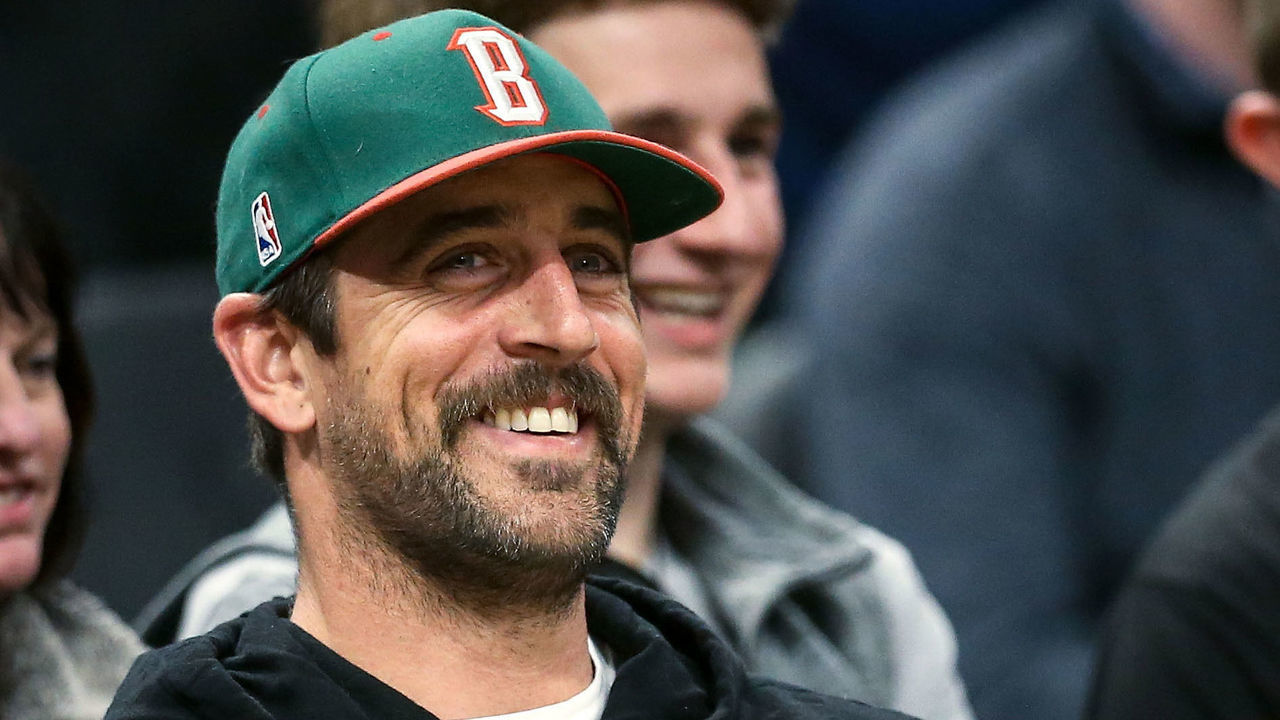 MILWAUKEE, WISCONSIN - APRIL 10: Aaron Rodgers of the Green Bay Packers looks on during the game between the Oklahoma City Thunder and Milwaukee Bucks at the Fiserv Forum on April 10, 2019 in Milwaukee, Wisconsin.