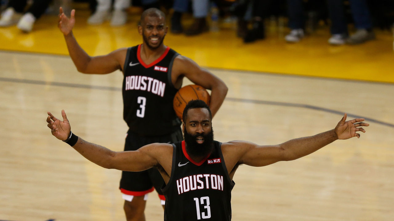 OAKLAND, CALIFORNIA - MAY 08: James Harden #13 and Chris Paul #3 of the Houston Rockets react to a call by the referee during Game Five of the Western Conference Semifinals of the 2019 NBA Playoffs against the Golden State Warriors at ORACLE Arena on May 08, 2019 in Oakland, California.