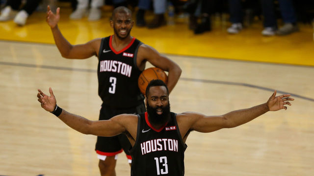 OAKLAND, CALIFORNIA - MAY 08: James Harden #13 and Chris Paul #3 of the Houston Rockets react to a call by the referee during Game Five of the Western Conference Semifinals of the 2019 NBA Playoffs against the Golden State Warriors at ORACLE Arena on May 08, 2019 in Oakland, California.