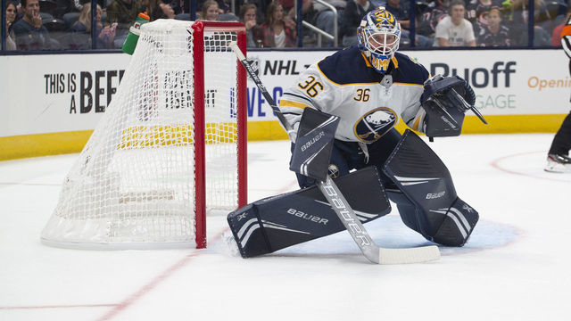 COLUMBUS, OH - SEPTEMBER 17: Buffalo Sabres goaltender Andrew Hammond #36 looks on during the preseason game between the Buffalo Sabres and the Columbus Blue Jackets at Nationwide Arena on September 17, 2019.