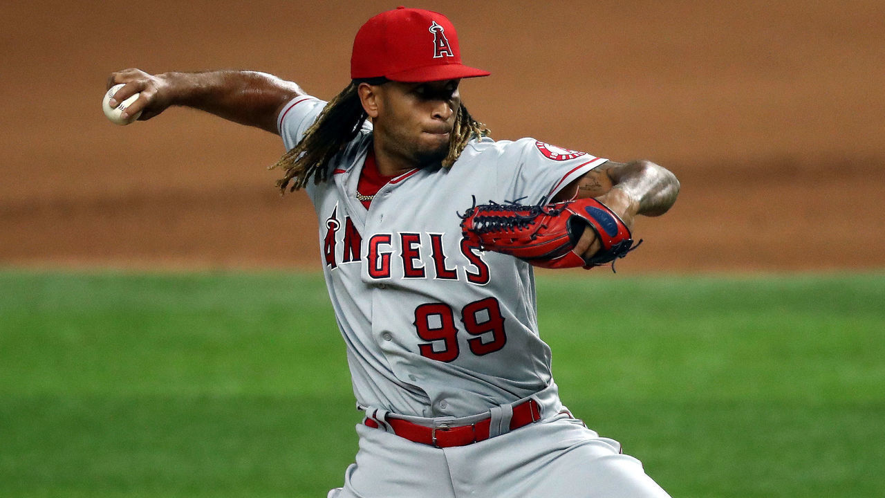 ARLINGTON, TEXAS - AUGUST 08: Keynan Middleton #99 of the Los Angeles Angels throws against the Texas Rangers in the seventh inning at Globe Life Field on August 08, 2020 in Arlington, Texas.
