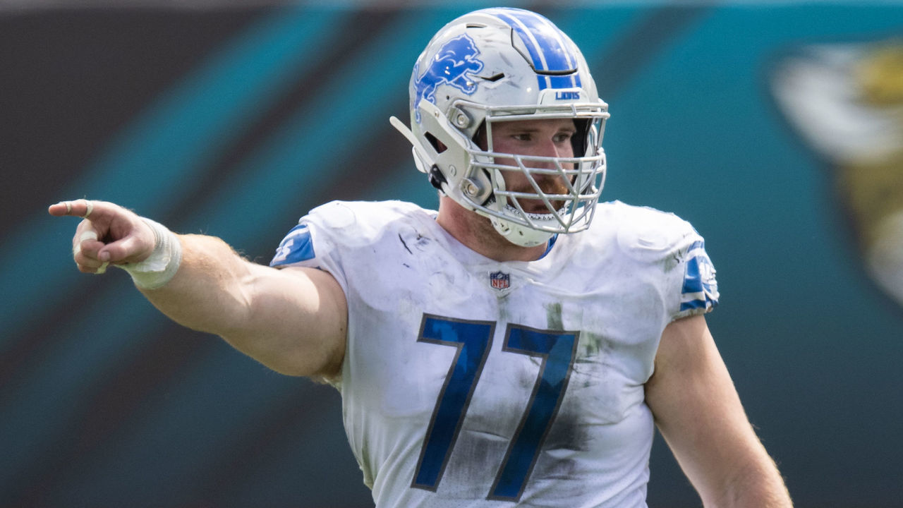 JACKSONVILLE, FLORIDA - OCTOBER 18: Frank Ragnow #77 of the Detroit Lions looks on during the first half of a game against the Jacksonville Jaguars at TIAA Bank Field on October 18, 2020 in Jacksonville, Florida.