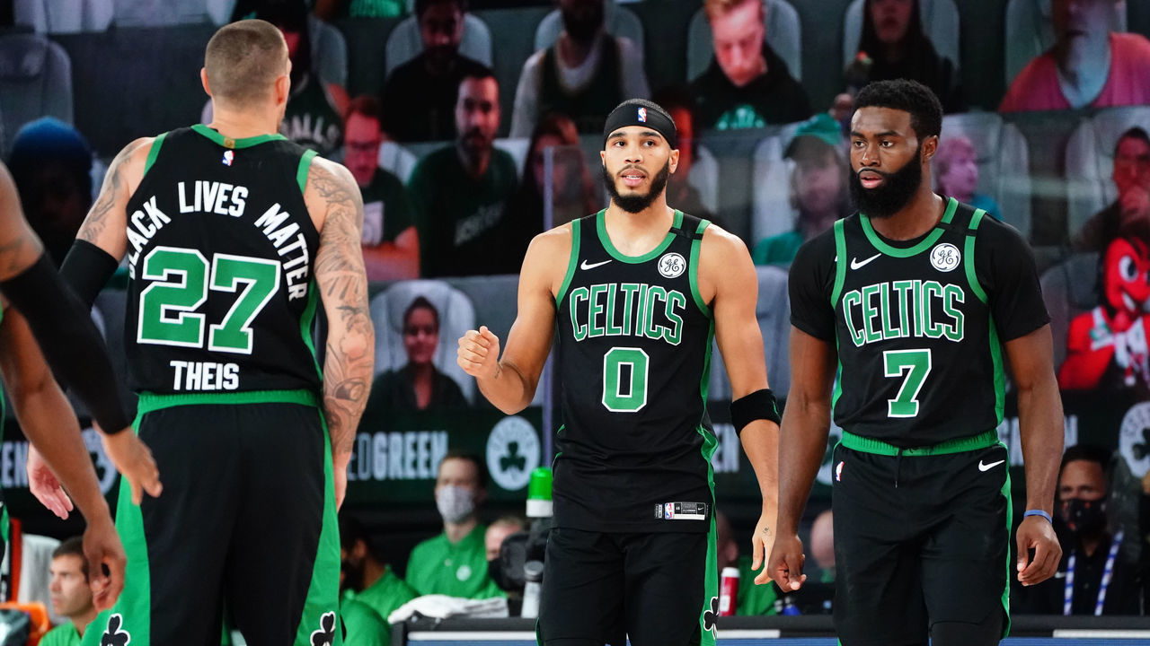 ORLANDO, FL - SEPTEMBER 17: Jayson Tatum #0 of the Boston Celtics and Jaylen Brown #7 of the Boston Celtics look on prior to a game against the Miami Heat before Game Two of the Eastern Conference Finals of the NBA Playoffs on September 17, 2020 at the AdventHealth Arena at ESPN Wide World Of Sports Complex in Orlando, Florida. NOTE TO USER: User expressly acknowledges and agrees that, by downloading and/or using this Photograph, user is consenting to the terms and conditions of the Getty Images License Agreement. Mandatory Copyright Notice: Copyright 2020 NBAE