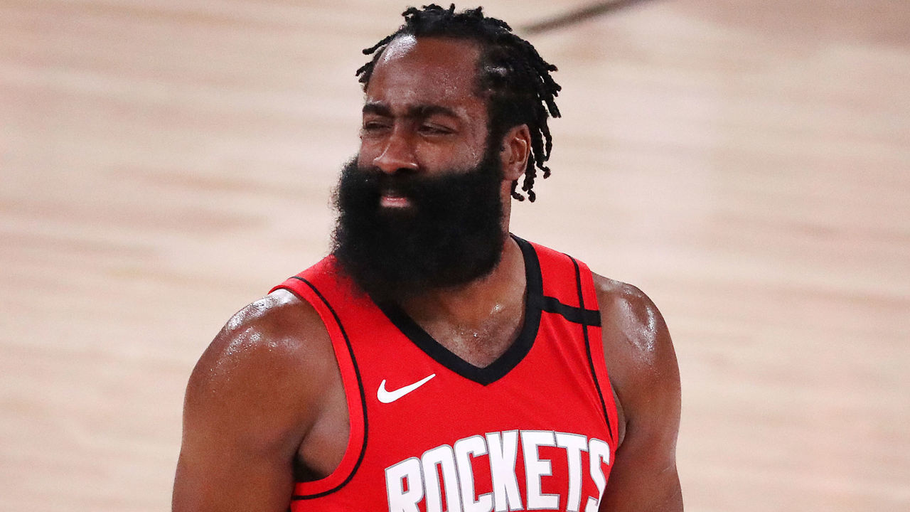 LAKE BUENA VISTA, FLORIDA - SEPTEMBER 10: James Harden #13 of the Houston Rockets reacts during the second quarter against the Los Angeles Lakers in Game Four of the Western Conference Second Round during the 2020 NBA Playoffs at AdventHealth Arena at the ESPN Wide World Of Sports Complex on September 10, 2020 in Lake Buena Vista, Florida.