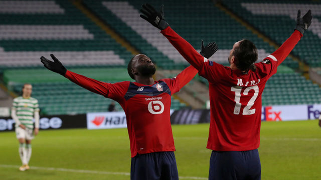 GLASGOW, SCOTLAND - DECEMBER 10: Jonathan Ikone of Lille celebrates after scoring their team's first goal Yusuf Yazici of Lille during the UEFA Europa League Group H stage match between Celtic and LOSC Lille at Celtic Park on December 10, 2020 in Glasgow, Scotland. The match will be played without fans, behind closed doors as a Covid-19 precaution.