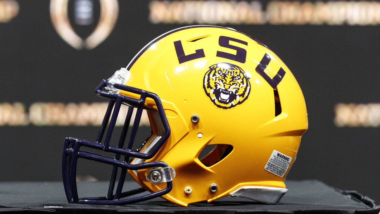 NEW ORLEANS, LOUISIANA - JANUARY 12: A general view of LSU Tigers helmet before the Head Coaches Press Conference before the College Football Playoff National Championship at the Grand Ballroom at the Sheraton Hotel on January 12, 2020 in New Orleans, Louisiana.