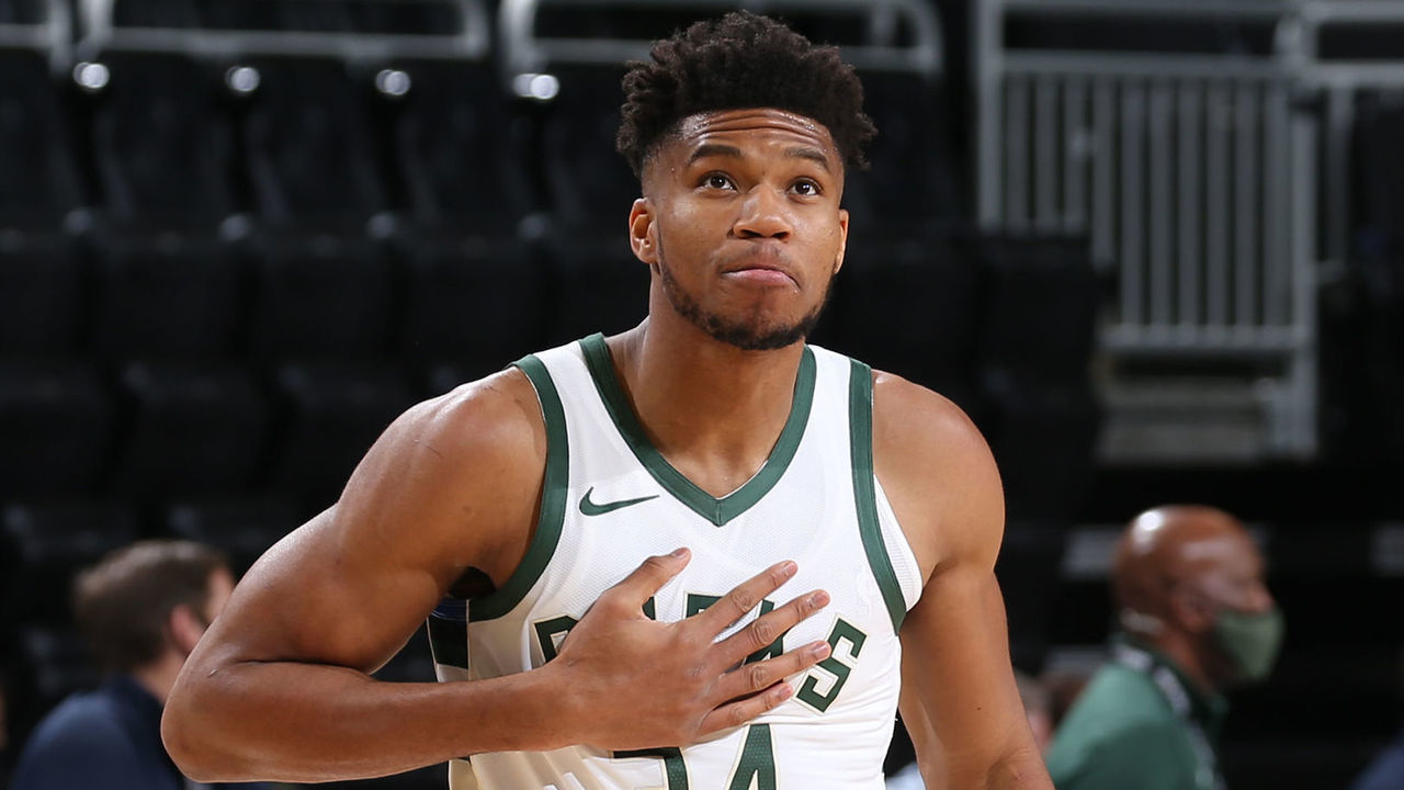 MILWAUKEE, WI - December 12: Giannis Antetokounmpo #34 of the Milwaukee Bucks looks on during a preseason game against the Dallas Mavericks on December 12, 2020 at the Fiserv Forum Center in Milwaukee, Wisconsin. Mandatory Copyright Notice: Copyright 2020 NBAE .