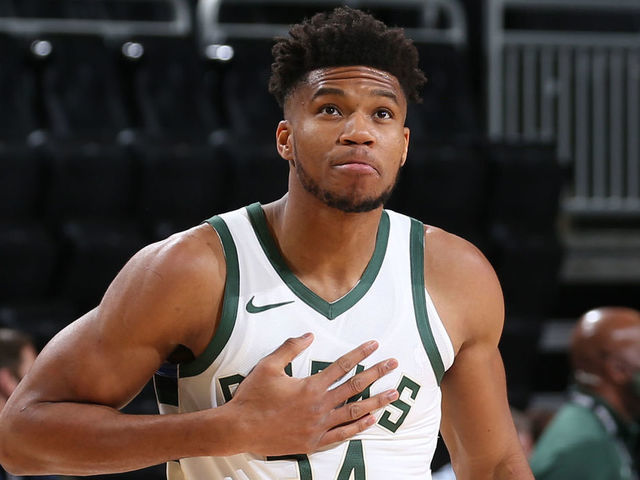 MILWAUKEE, WI - December 12: Giannis Antetokounmpo #34 of the Milwaukee Bucks looks on during a preseason game against the Dallas Mavericks on December 12, 2020 at the Fiserv Forum Center in Milwaukee, Wisconsin. Mandatory Copyright Notice: Copyright 2020 NBAE .