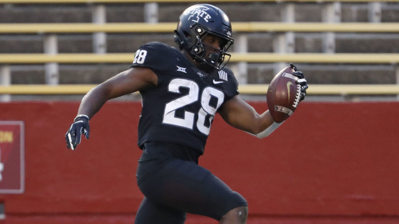 AMES, IA - NOVEMBER 21: Running back Breece Hall #28 of the Iowa State Cyclones scores a touchdown in the first half of the play at Jack Trice Stadium on November 21, 2020 in Ames, Iowa. The Iowa State Cyclones won 45-0 over the Kansas State Wildcats.