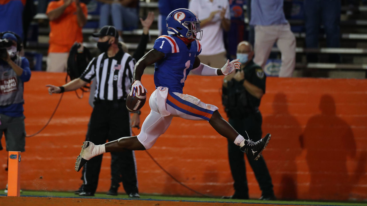 GAINESVILLE, FL - OCTOBER 31: Kadarius Toney #1 of the Florida Gators leaps into the endzone to score a touchdown against the Missouri Tigers at Ben Hill Griffin Stadium on October 31, 2020 in Gainesville, Florida.