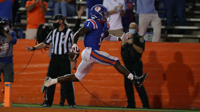 GAINESVILLE, FL - OCTOBER 31: Kadarius Toney #1 of the Florida Gators leaps into the endzone to score a touchdown against the Missouri Tigers at Ben Hill Griffin Stadium on October 31, 2020 in Gainesville, Florida.