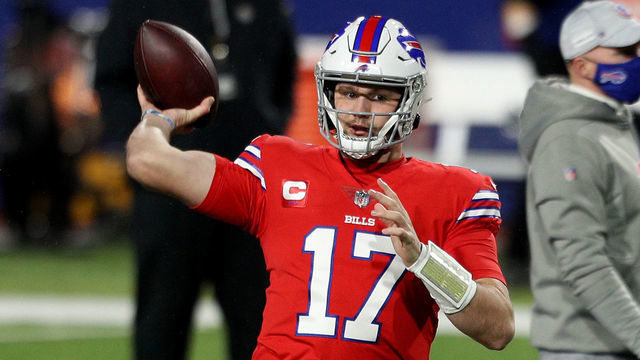 ORCHARD PARK, NEW YORK - DECEMBER 13: Josh Allen #17 of the Buffalo Bills warms up before playing the Pittsburgh Steelers at Bills Stadium on December 13, 2020 in Orchard Park, New York.