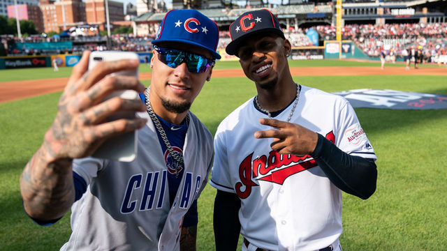 CLEVELAND, OH - JULY 09: National League All-Star Javier Baez #9 of the Chicago Cubs and American League All-Star Francisco Lindor #12 of the Cleveland Indians during the 90th MLB All-Star Game on July 9, 2019 at Progressive Field in Cleveland, Ohio.